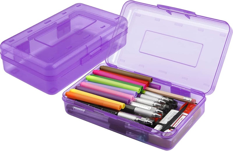 BOEIAC Pencil Box, Large Capacity Clear Pencil Case, 1 Pack Hard Pencil Case, Clear Crayon Box with Snap-tight Lid Stackable Design, Plastic Storage Box for Office Supplies, Purple - Image 1